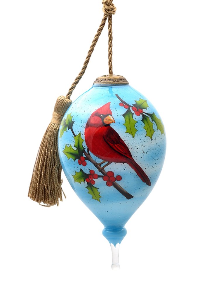 Red Cardinal on Christmas Holly Branches Hand Painted Mouth Blown Glass Ornament HomeRoots
