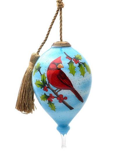 Red Cardinal on Christmas Holly Branches Hand Painted Mouth Blown Glass Ornament HomeRoots