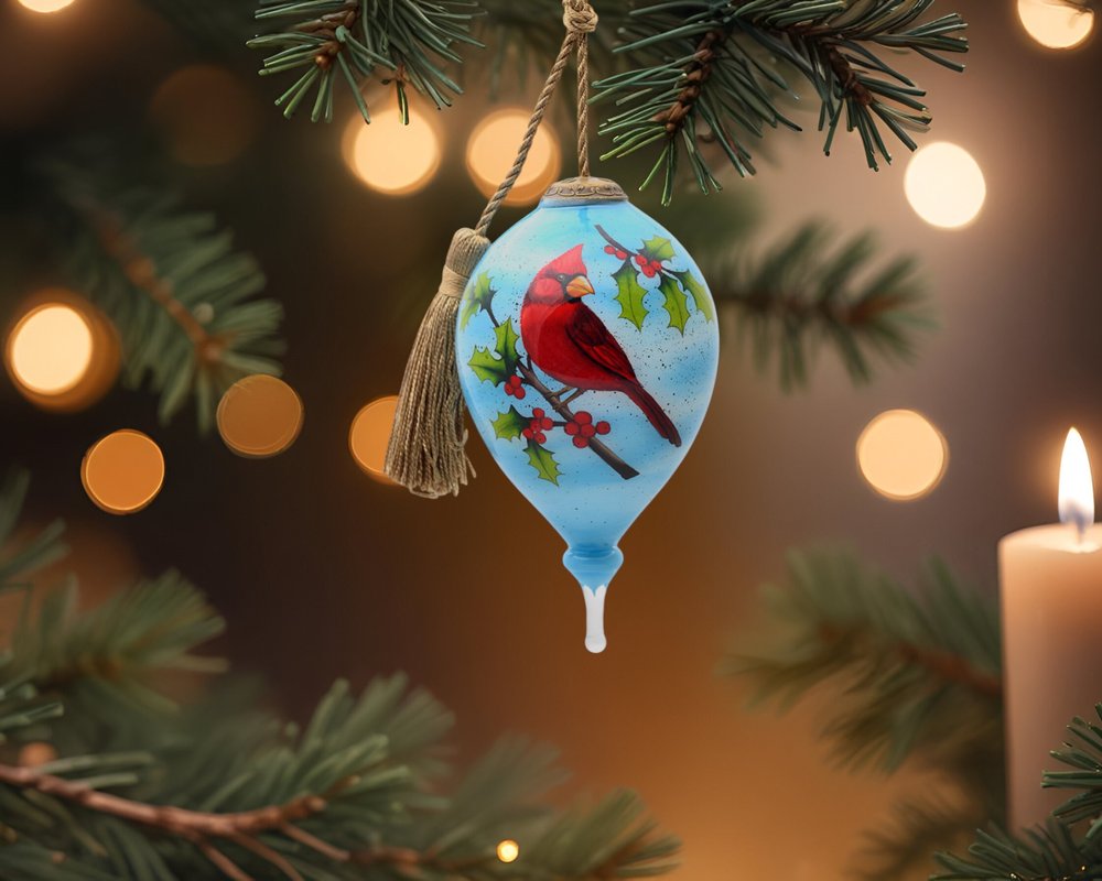 Red Cardinal on Christmas Holly Branches Hand Painted Mouth Blown Glass Ornament HomeRoots