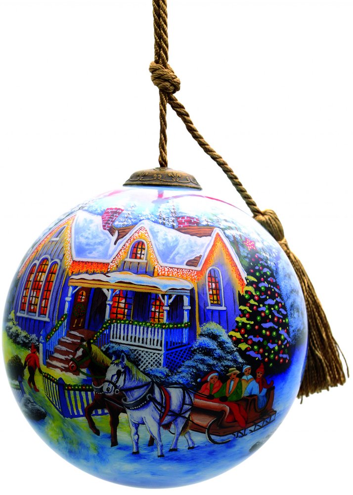 Christmas Home and Horse Carriage Hand Painted Mouth Blown Glass Ornament HomeRoots