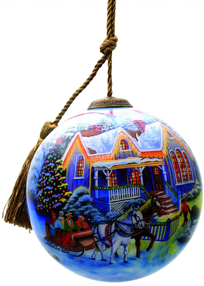Christmas Home and Horse Carriage Hand Painted Mouth Blown Glass Ornament HomeRoots