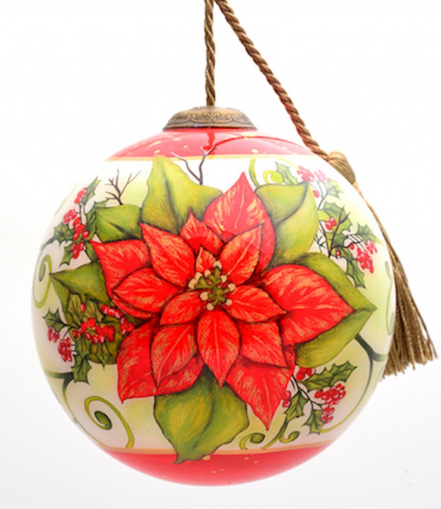 Poinsettia Flower Hand Painted Mouth Blown Glass Ornament HomeRoots