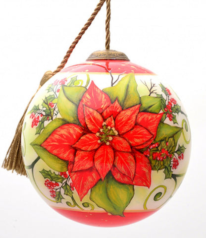 Poinsettia Flower Hand Painted Mouth Blown Glass Ornament HomeRoots