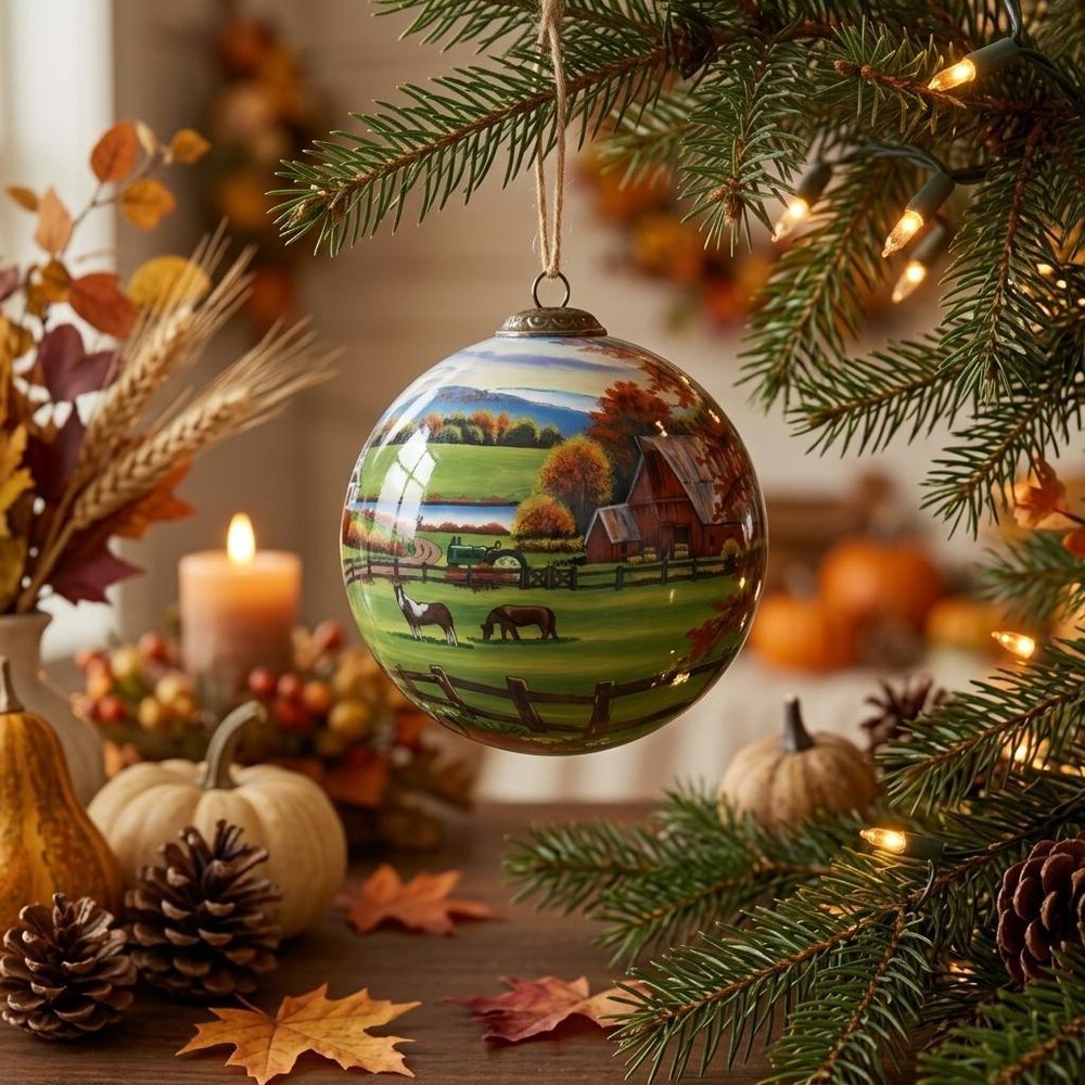 Farm in the Fall Scenery Hand Painted Mouth Blown Glass Ornament HomeRoots