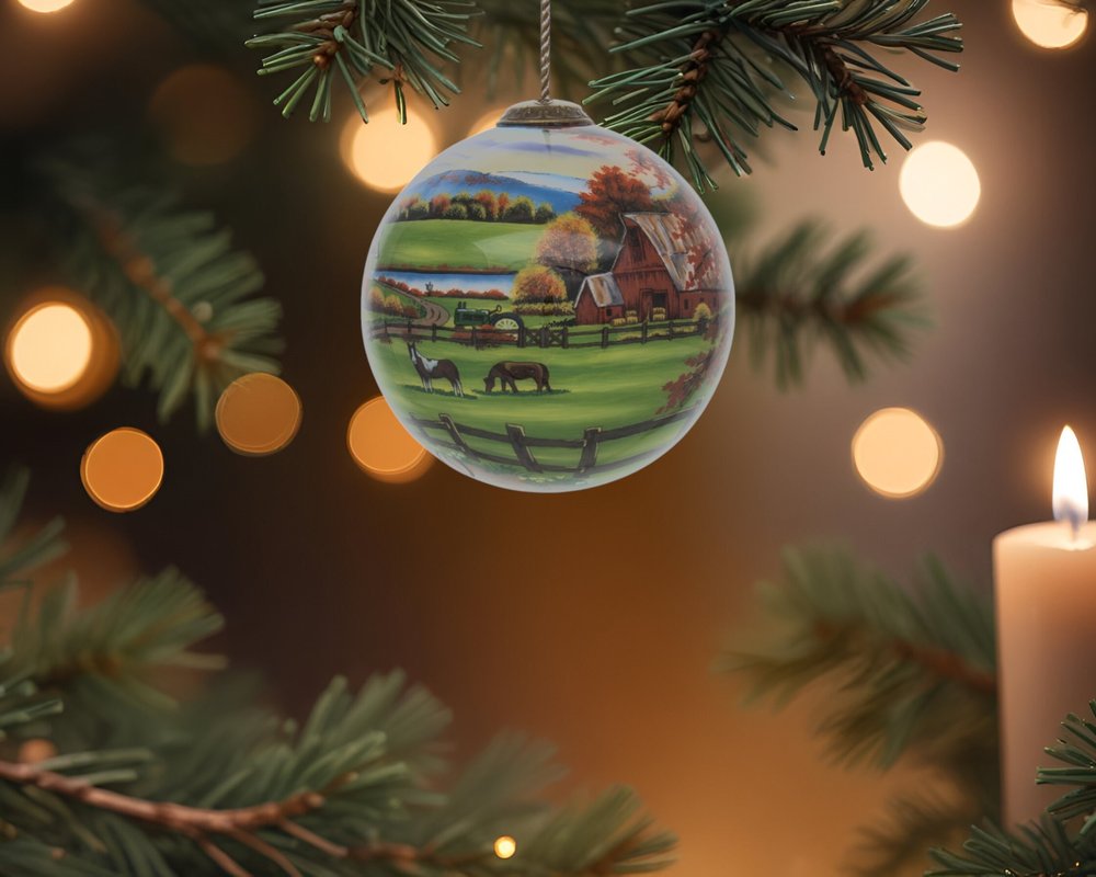 Farm in the Fall Scenery Hand Painted Mouth Blown Glass Ornament HomeRoots