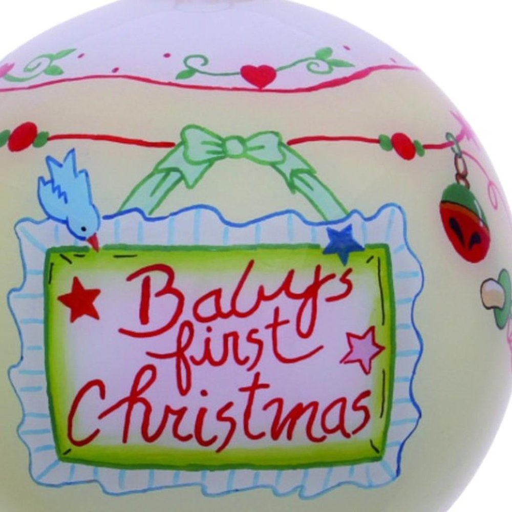 Baby's First Christmas with Motifs Hand Painted Mouth Blown Glass Ornament HomeRoots