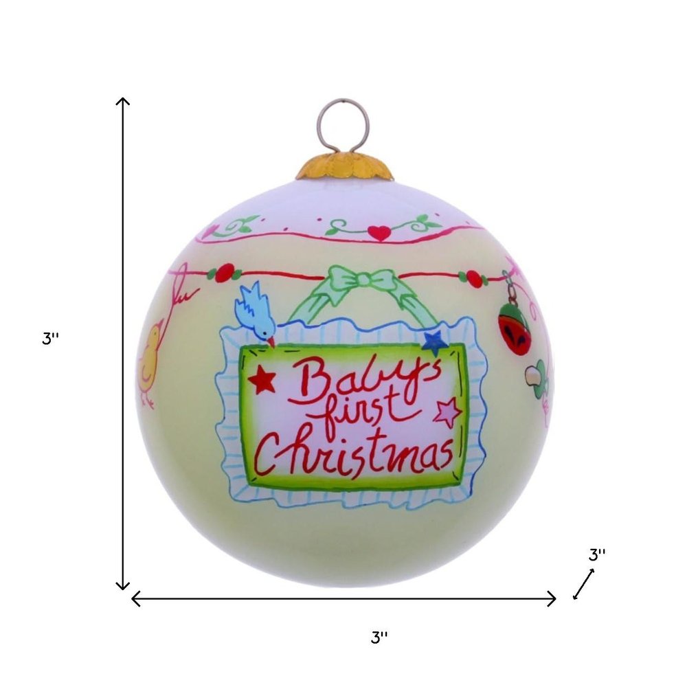 Baby's First Christmas with Motifs Hand Painted Mouth Blown Glass Ornament HomeRoots