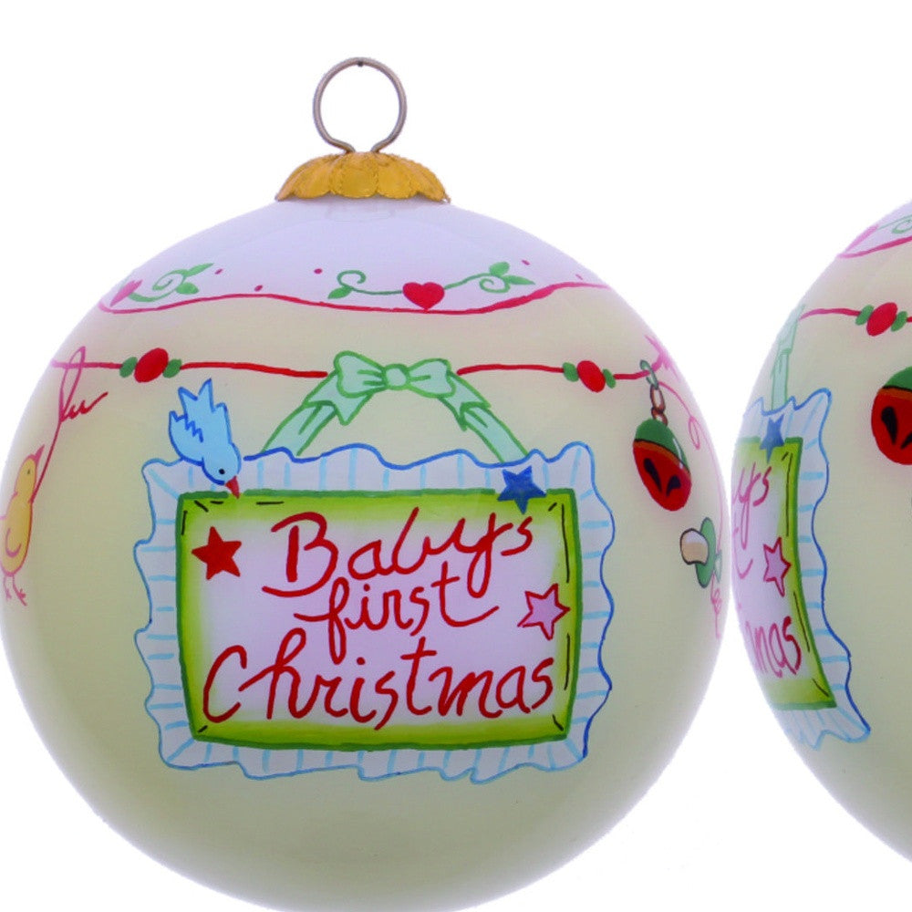 Baby's First Christmas with Motifs Hand Painted Mouth Blown Glass Ornament