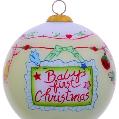 Baby's First Christmas with Motifs Hand Painted Mouth Blown Glass Ornament HomeRoots