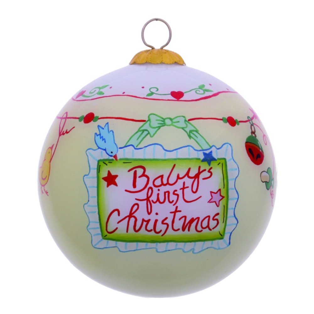 Baby's First Christmas with Motifs Hand Painted Mouth Blown Glass Ornament HomeRoots
