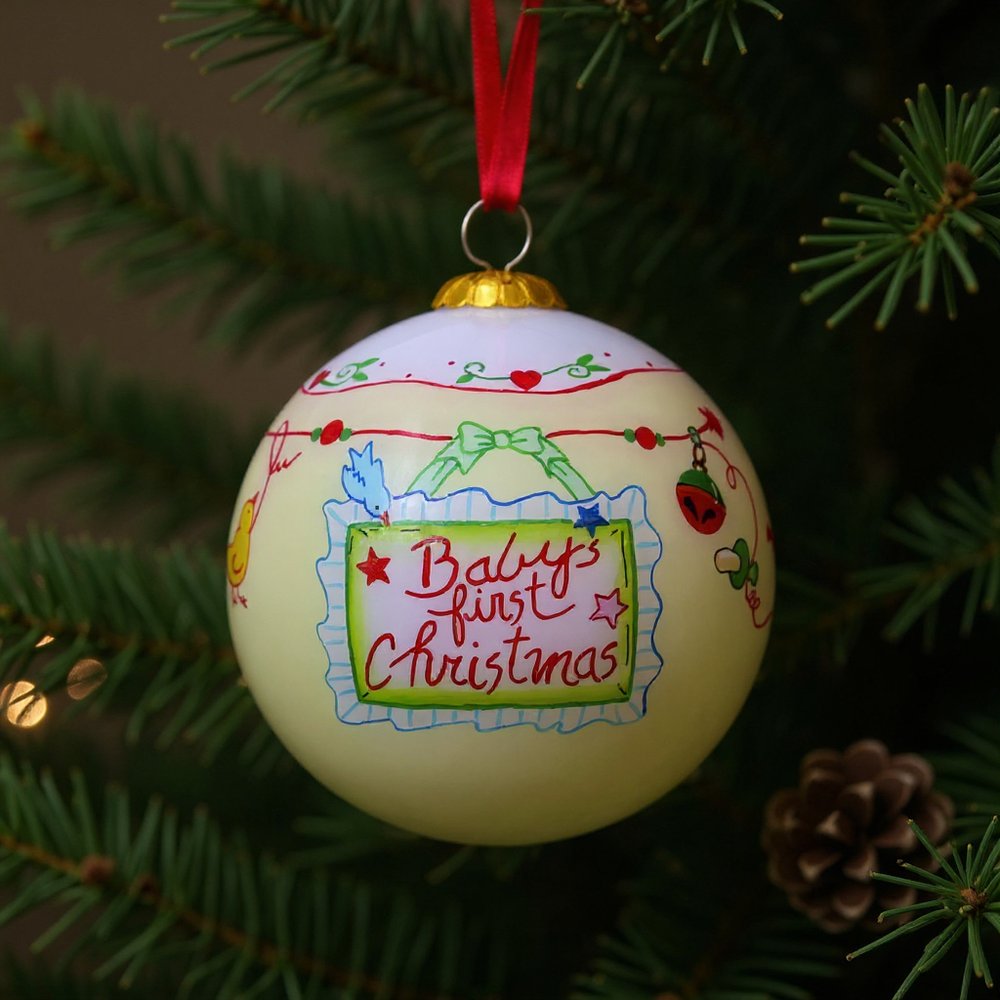 Baby's First Christmas with Motifs Hand Painted Mouth Blown Glass Ornament HomeRoots