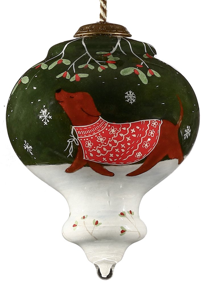 Trotting Dog in Comfy Christmas Attire Hand Painted Mouth Blown Glass Ornament — view 2