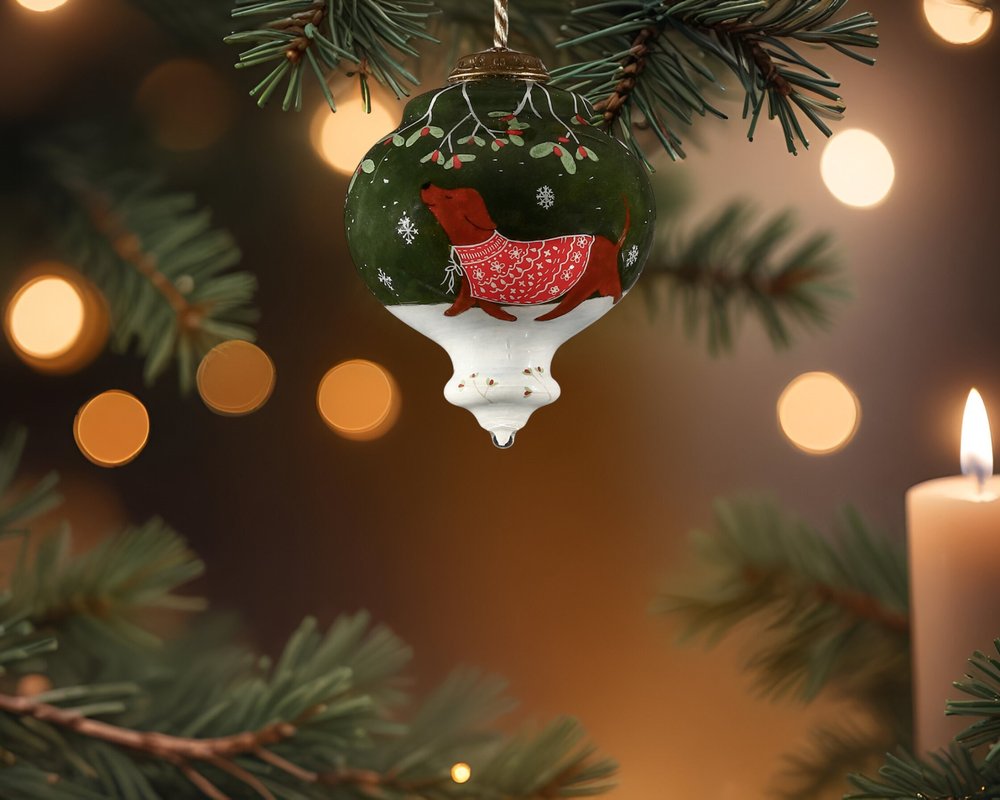 Trotting Dog in Comfy Christmas Attire Hand Painted Mouth Blown Glass Ornament — view 6