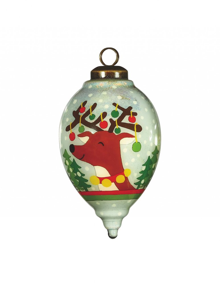 Festive Glitter Reindeer with Lights Hand Painted Mouth Blown Glass Ornament — view 1