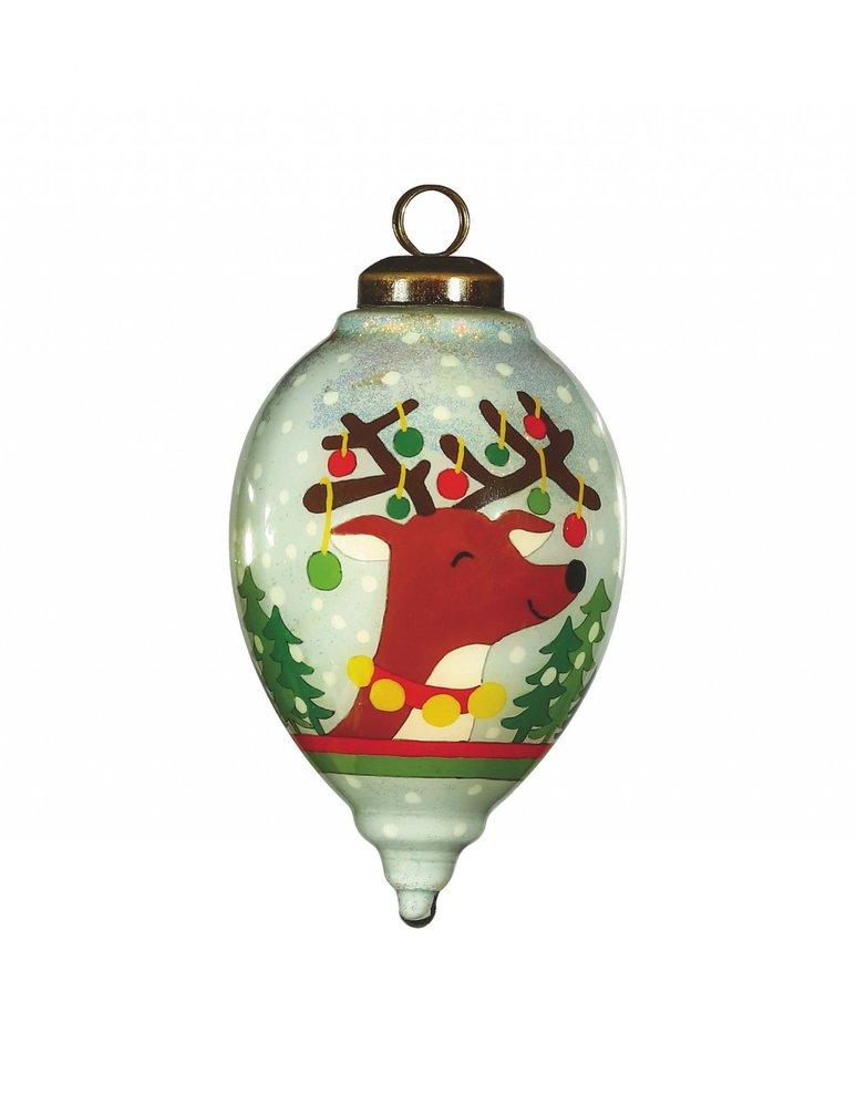 Festive Glitter Reindeer with Lights Hand Painted Mouth Blown Glass Ornament HomeRoots