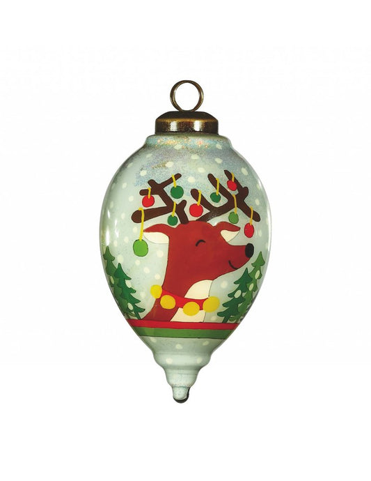Festive Glitter Reindeer with Lights Hand Painted Mouth Blown Glass Ornament HomeRoots