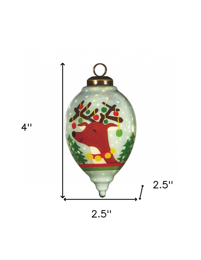 Festive Glitter Reindeer with Lights Hand Painted Mouth Blown Glass Ornament HomeRoots