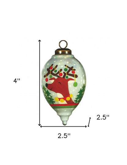 Festive Glitter Reindeer with Lights Hand Painted Mouth Blown Glass Ornament HomeRoots