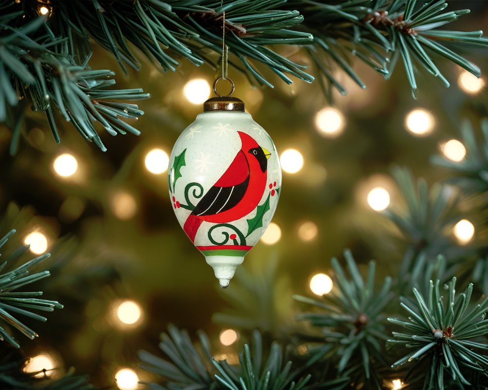 Festive Glitter Red Cardinal Hand Painted Mouth Blown Glass Ornament HomeRoots