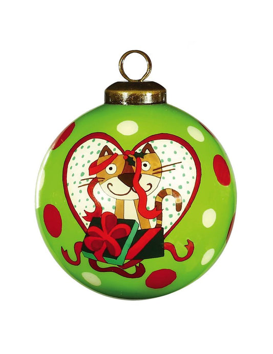 Charming Cat in a Heart Hand Painted Mouth Blown Glass Ornament HomeRoots