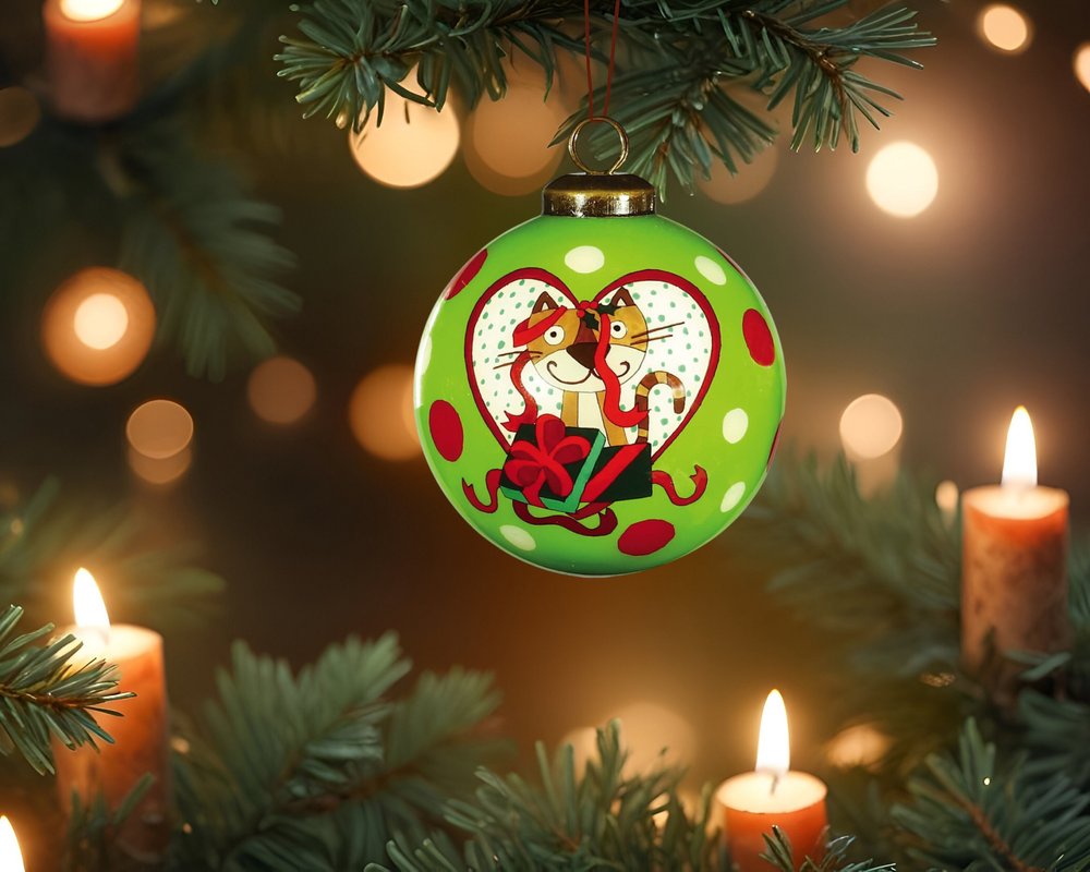 Charming Cat in a Heart Hand Painted Mouth Blown Glass Ornament HomeRoots