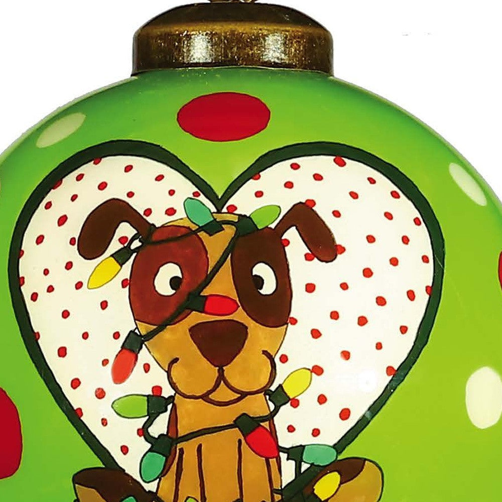 Charming Dog in a Heart Hand Painted Mouth Blown Glass Ornament