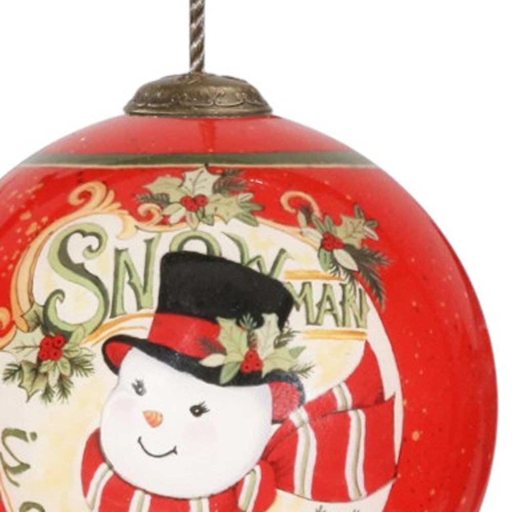 Festive Snowman on his way Hand Painted Mouth Blown Glass Ornament — view 4