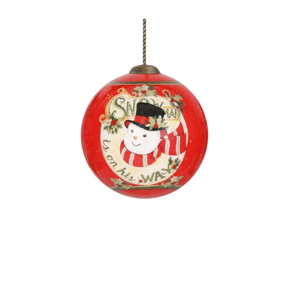 Festive Snowman on his way Hand Painted Mouth Blown Glass Ornament — view 1