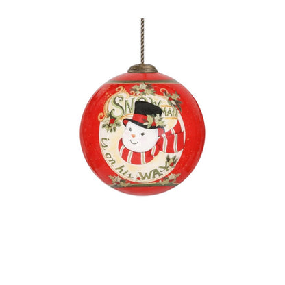 Festive Snowman on his way Hand Painted Mouth Blown Glass Ornament HomeRoots
