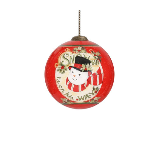 Festive Snowman on his way Hand Painted Mouth Blown Glass Ornament HomeRoots