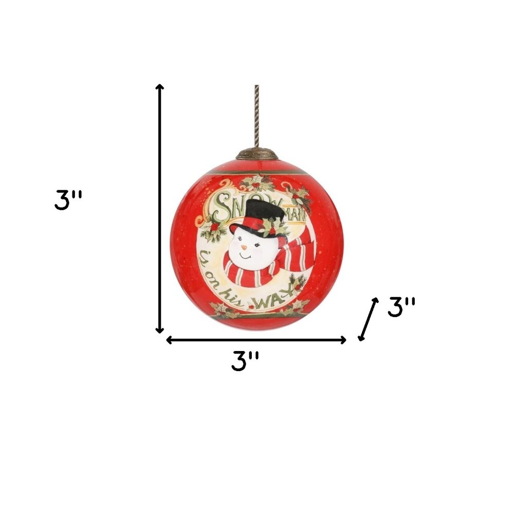 Festive Snowman on his way Hand Painted Mouth Blown Glass Ornament — view 2