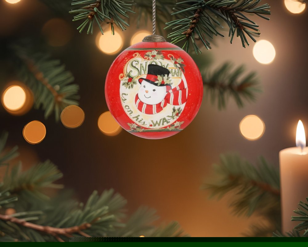 Festive Snowman on his way Hand Painted Mouth Blown Glass Ornament HomeRoots
