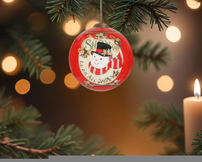 Festive Snowman on his way Hand Painted Mouth Blown Glass Ornament HomeRoots
