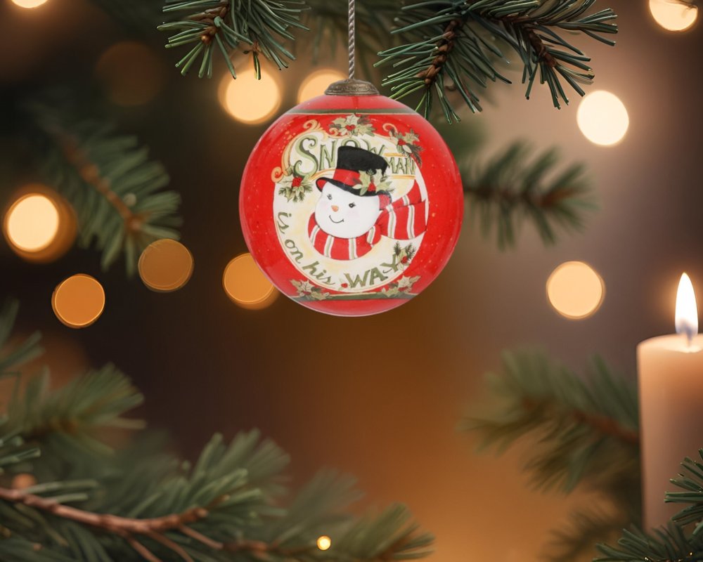 Festive Snowman on his way Hand Painted Mouth Blown Glass Ornament HomeRoots