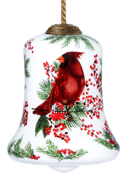 Cardinal Perched on Winter Berries Hand Painted Mouth Blown Glass Ornament