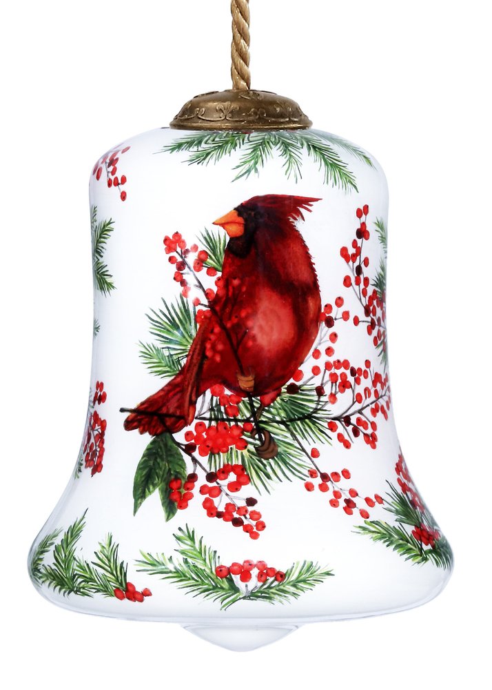 Cardinal Perched on Winter Berries Hand Painted Mouth Blown Glass Ornament HomeRoots