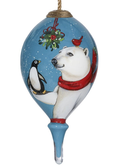 Snowy Polar Bear and Penguin Hand Painted Mouth Blown Glass Ornament HomeRoots