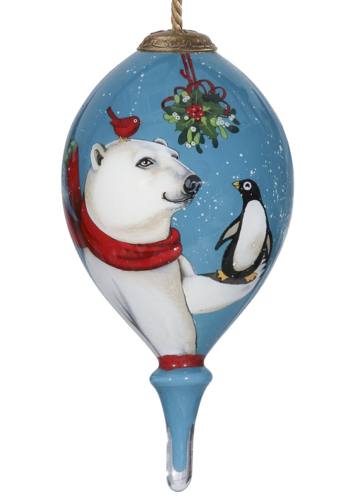 Snowy Polar Bear and Penguin Hand Painted Mouth Blown Glass Ornament HomeRoots