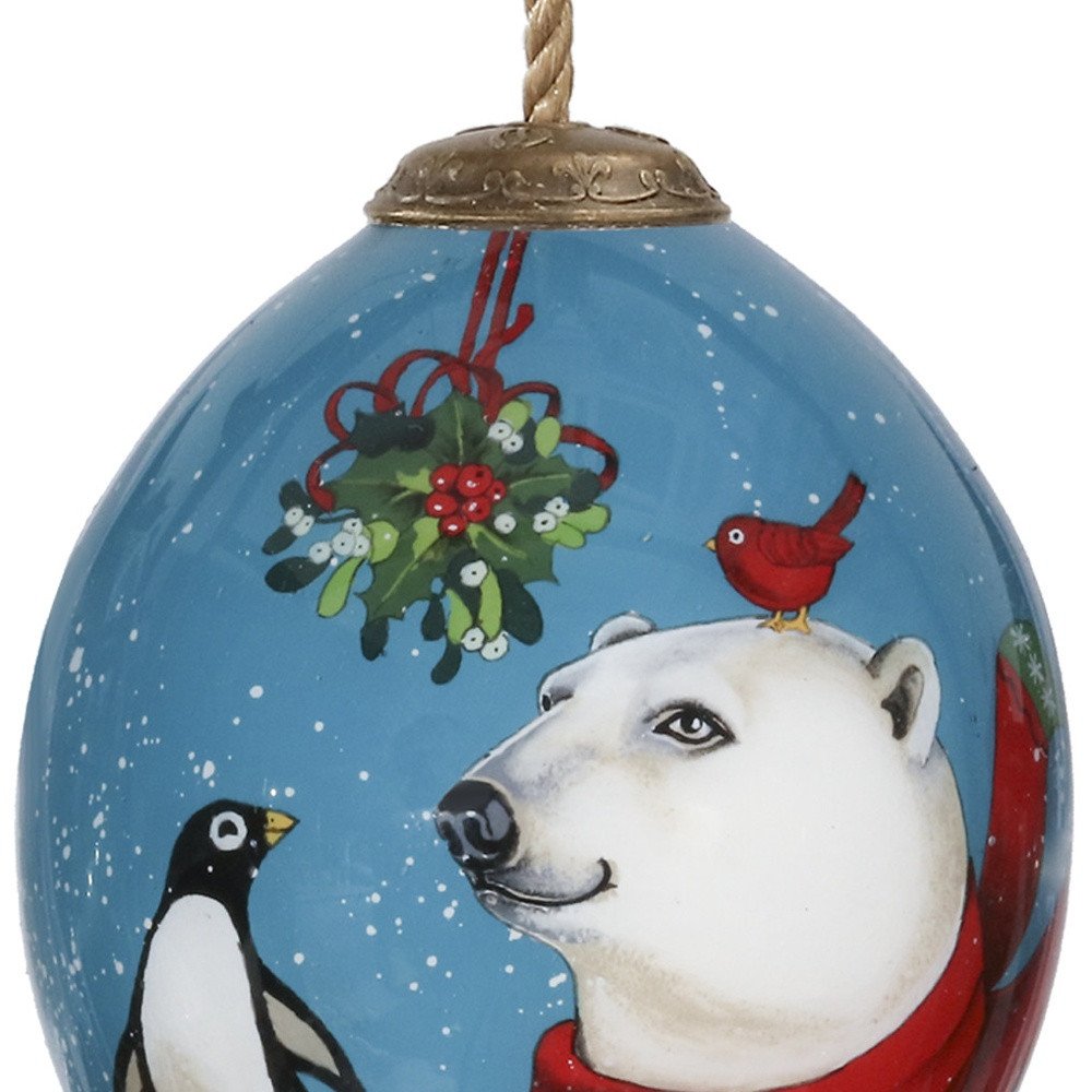 Snowy Polar Bear and Penguin Hand Painted Mouth Blown Glass Ornament HomeRoots