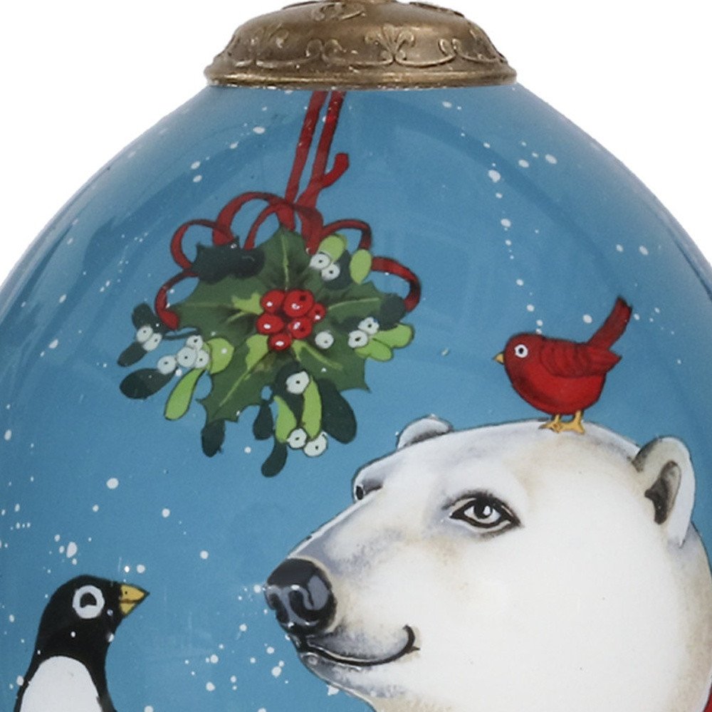 Snowy Polar Bear and Penguin Hand Painted Mouth Blown Glass Ornament HomeRoots