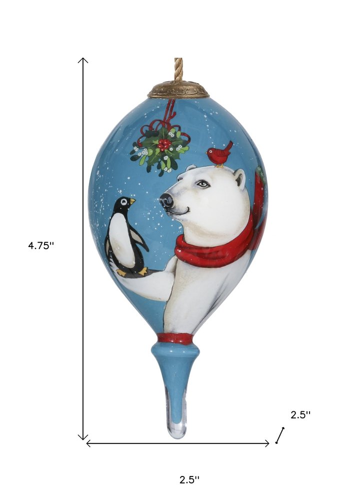 Snowy Polar Bear and Penguin Hand Painted Mouth Blown Glass Ornament HomeRoots