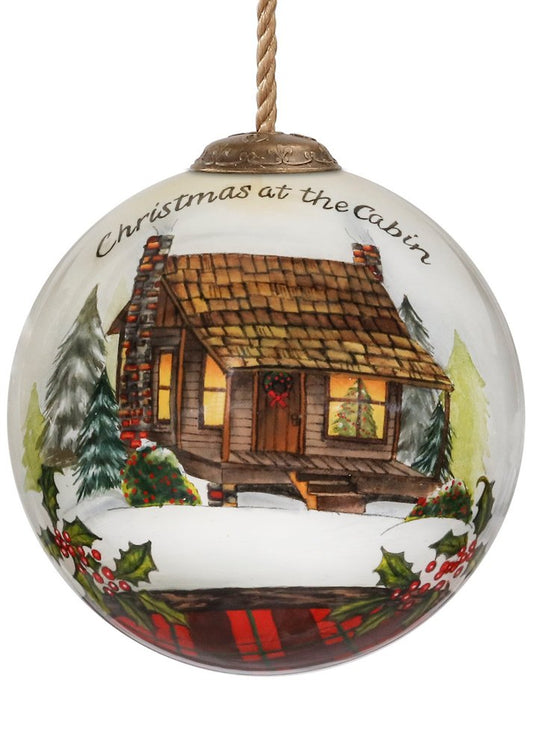 Vintage Christmas at the Cabin Hand Painted Mouth Blown Glass Ornament HomeRoots