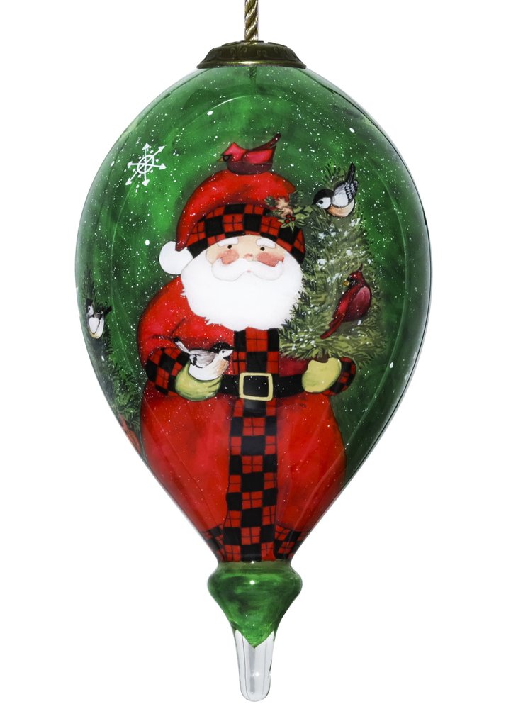 Green Plaid Santa Hand Painted Mouth Blown Glass Ornament — view 1