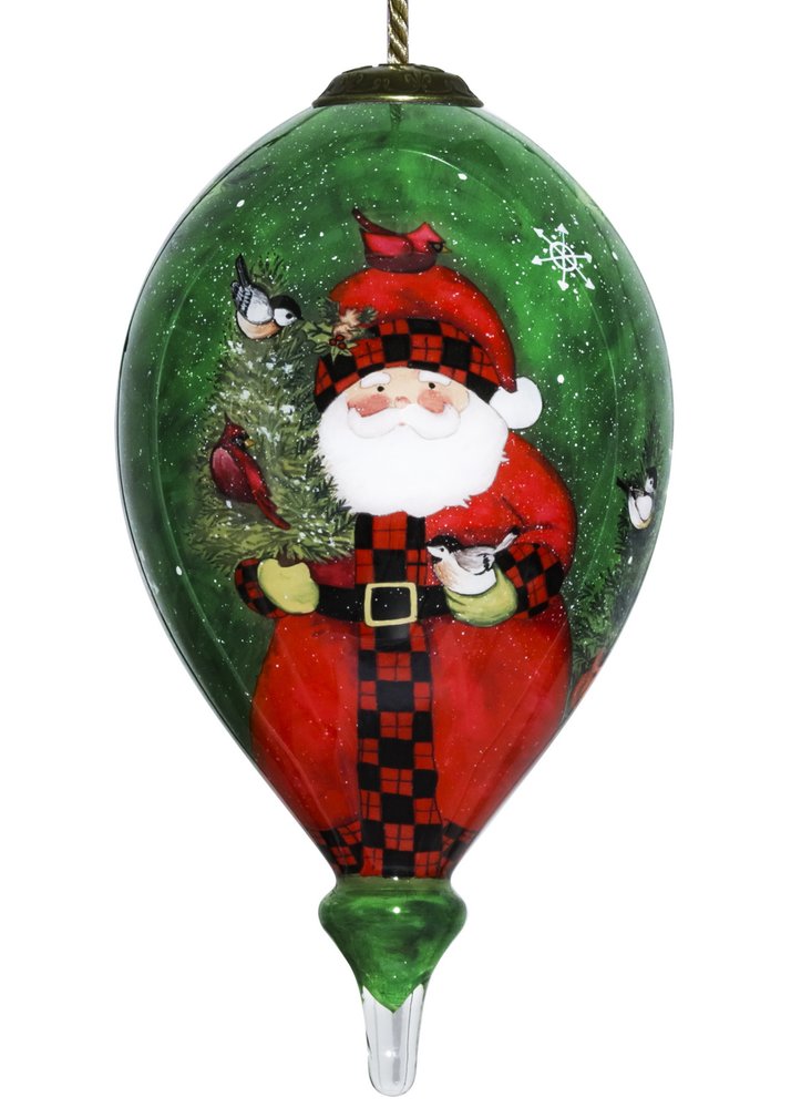 Green Plaid Santa Hand Painted Mouth Blown Glass Ornament — view 2