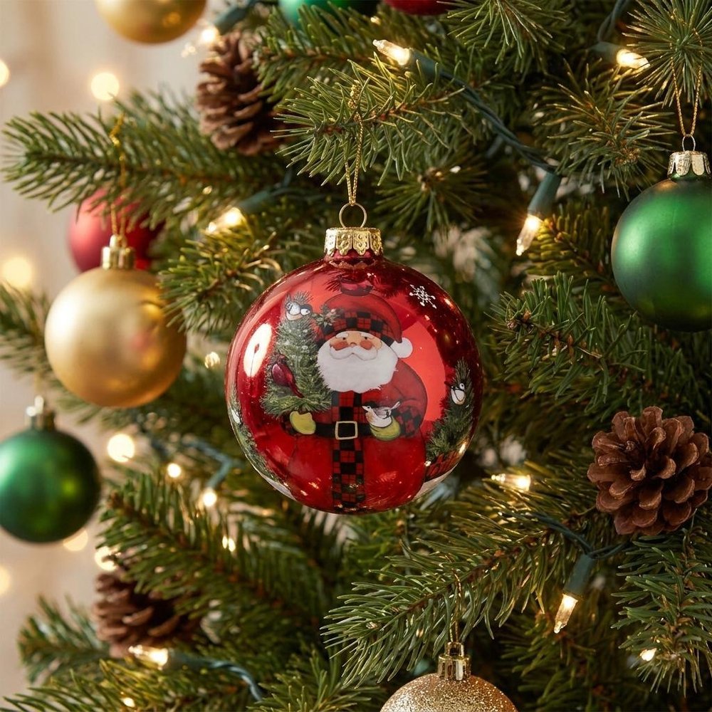 Green Plaid Santa Hand Painted Mouth Blown Glass Ornament — view 6