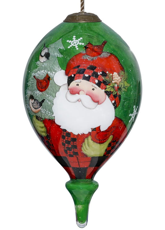 Plaid Santa with Cardinals Hand Painted Mouth Blown Glass Ornament HomeRoots