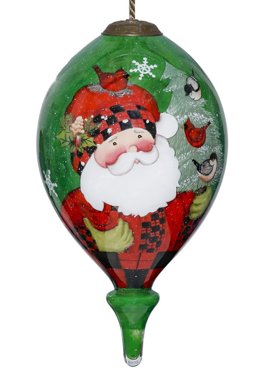 Plaid Santa with Cardinals Hand Painted Mouth Blown Glass Ornament HomeRoots