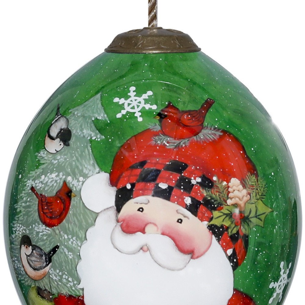 Plaid Santa with Cardinals Hand Painted Mouth Blown Glass Ornament HomeRoots