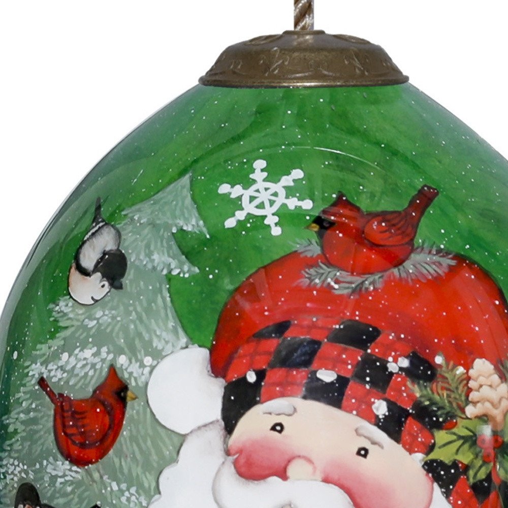 Plaid Santa with Cardinals Hand Painted Mouth Blown Glass Ornament HomeRoots