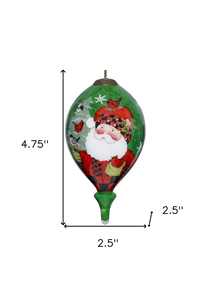 Plaid Santa with Cardinals Hand Painted Mouth Blown Glass Ornament HomeRoots
